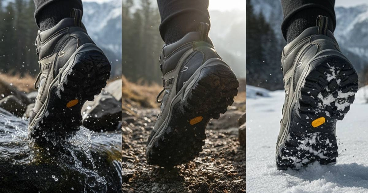 展示 R 系列 TPR 材料應用於戶外鞋大底的高性能表現：左圖為涉水防滑，中圖為碎石路面耐磨抓地，右圖為雪地低溫環境適應力，強調其卓越韌性與全天候適用性。