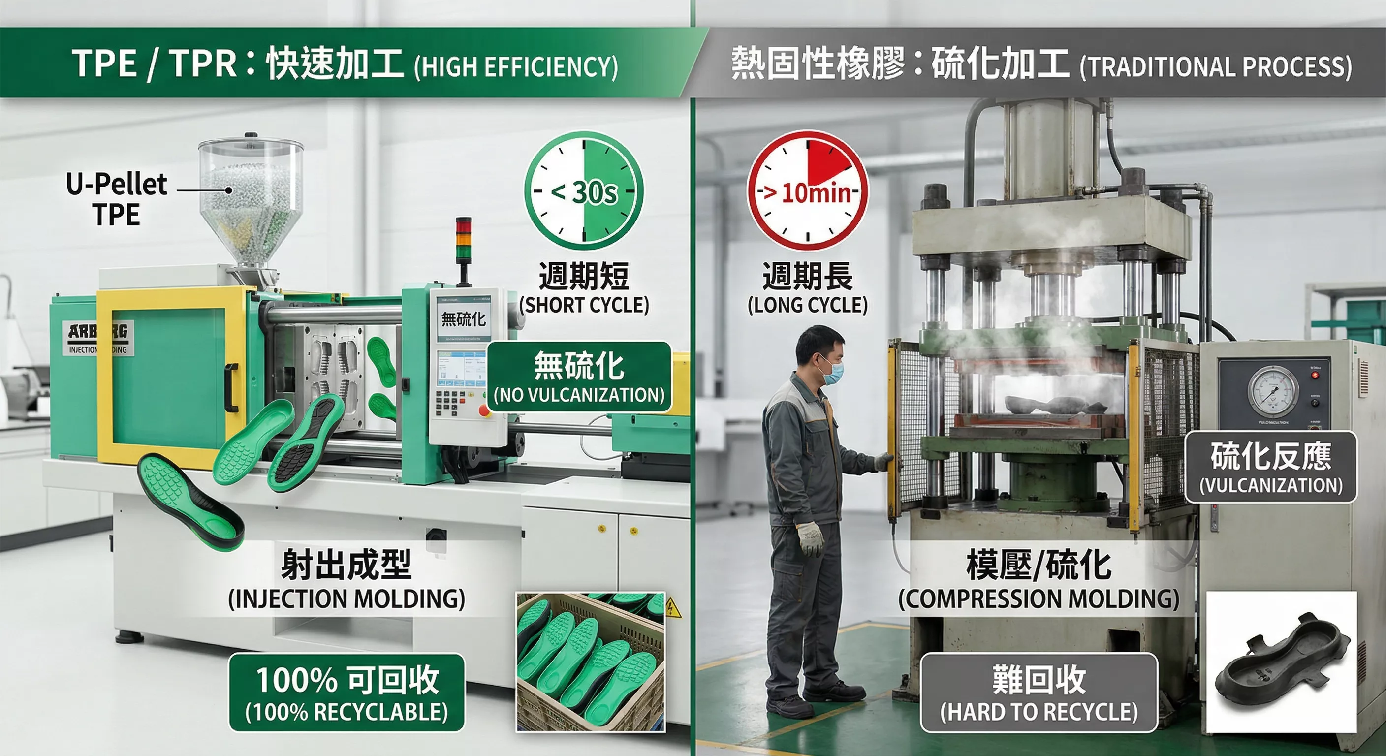 Comparativa técnica entre elastómeros termoplásticos TPE y caucho termoestable o silicona: infografía sobre eficiencia de procesamiento y reciclaje sostenible.
